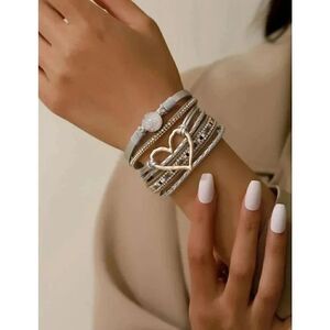 Bohemian Silver Gold Polyurethane Cubic Zirconia & Heart Decor Layered Bracelet